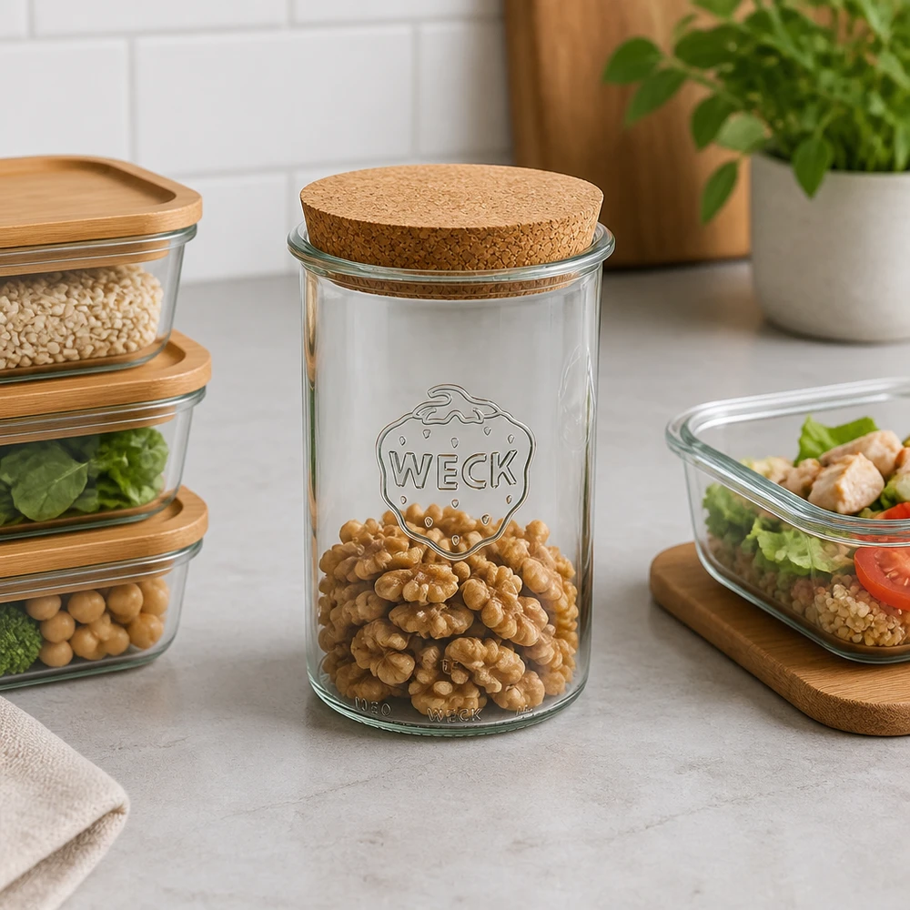 Bicchieri da 1000ml WECK RR100 con tappo in sughero naturale WECK Sturzglas RR100 1000ml mit Korkdeckel gefüllt mit Walnüssen moderne Küchenorganisation Vorratshaltung Lifestyle