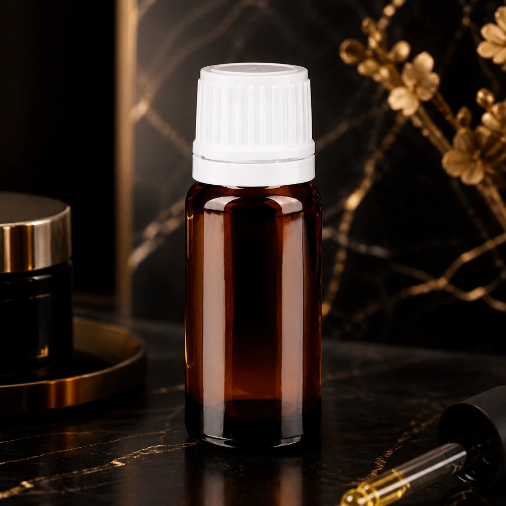 Flacone in vetro ambrato da 10 ml con protezione UV, tappo di sicurezza bianco e contagocce di precisione da 0,7 mm