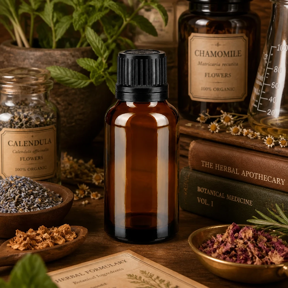 Flacone contagocce ApoGlas marrone da 20 ml con tappo nero, tra libri di erboristeria e piante medicinali