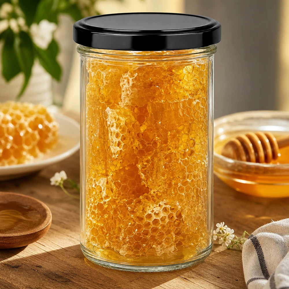 Bicchieri da 277 ml con coperchio BasicSeal nero UNiTWIST. 277ml Sturzglas mit Honigwaben gefüllt zeigt praktische Verwendung als Vorratsglas für Naturprodukte