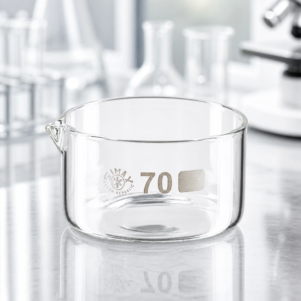 Cristallizzatore da 100 ml con beccuccio Bo.. ø70mm Vaschetta di cristallizzazione Simax vuota da 100 ml, di forma piatta con beccuccio, su una superficie metallica in laboratorio