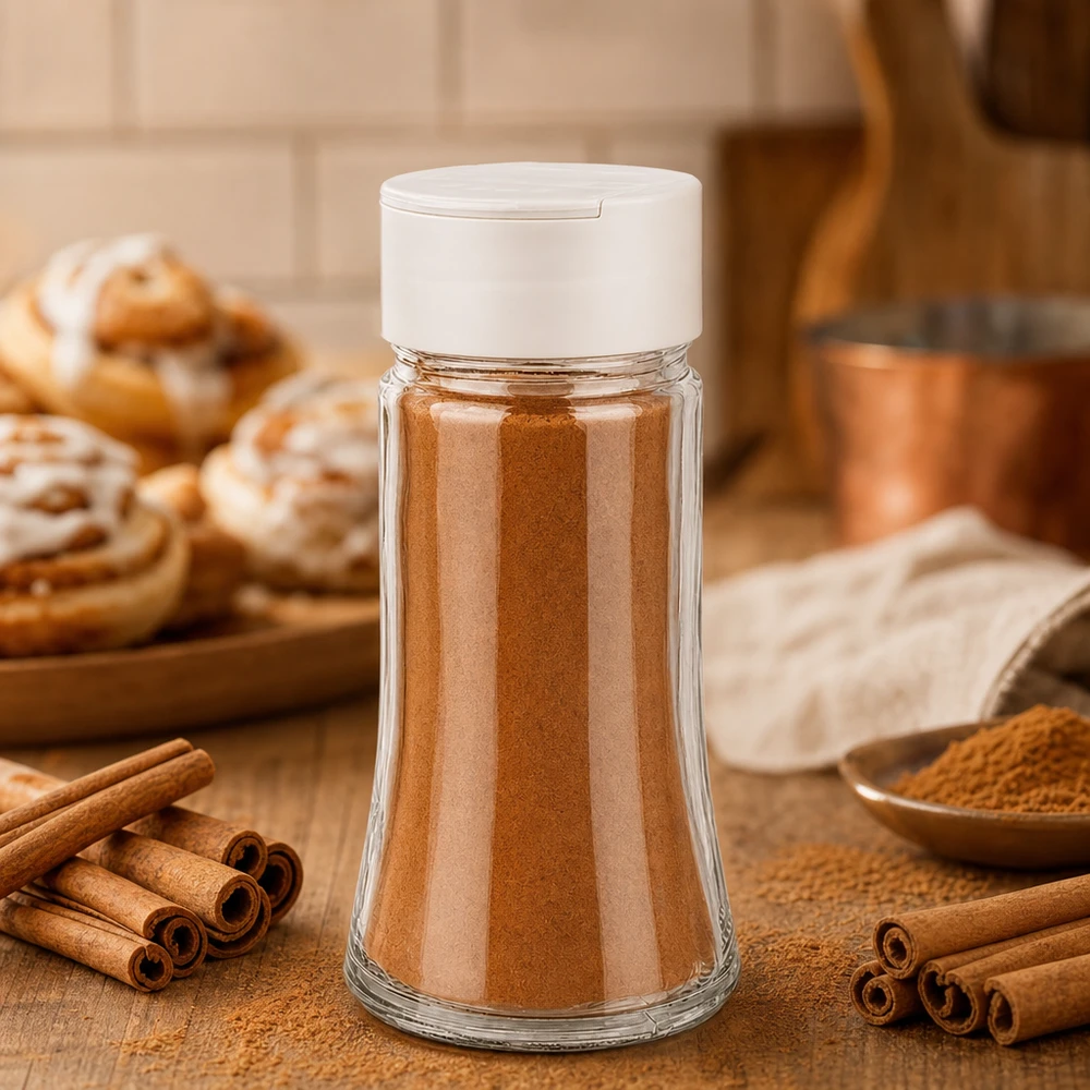 Barattolo di spezie da 95 ml ripieno di cannella con doppio dosatore bianco, accanto a bastoncini di cannella e girelle alla cannella