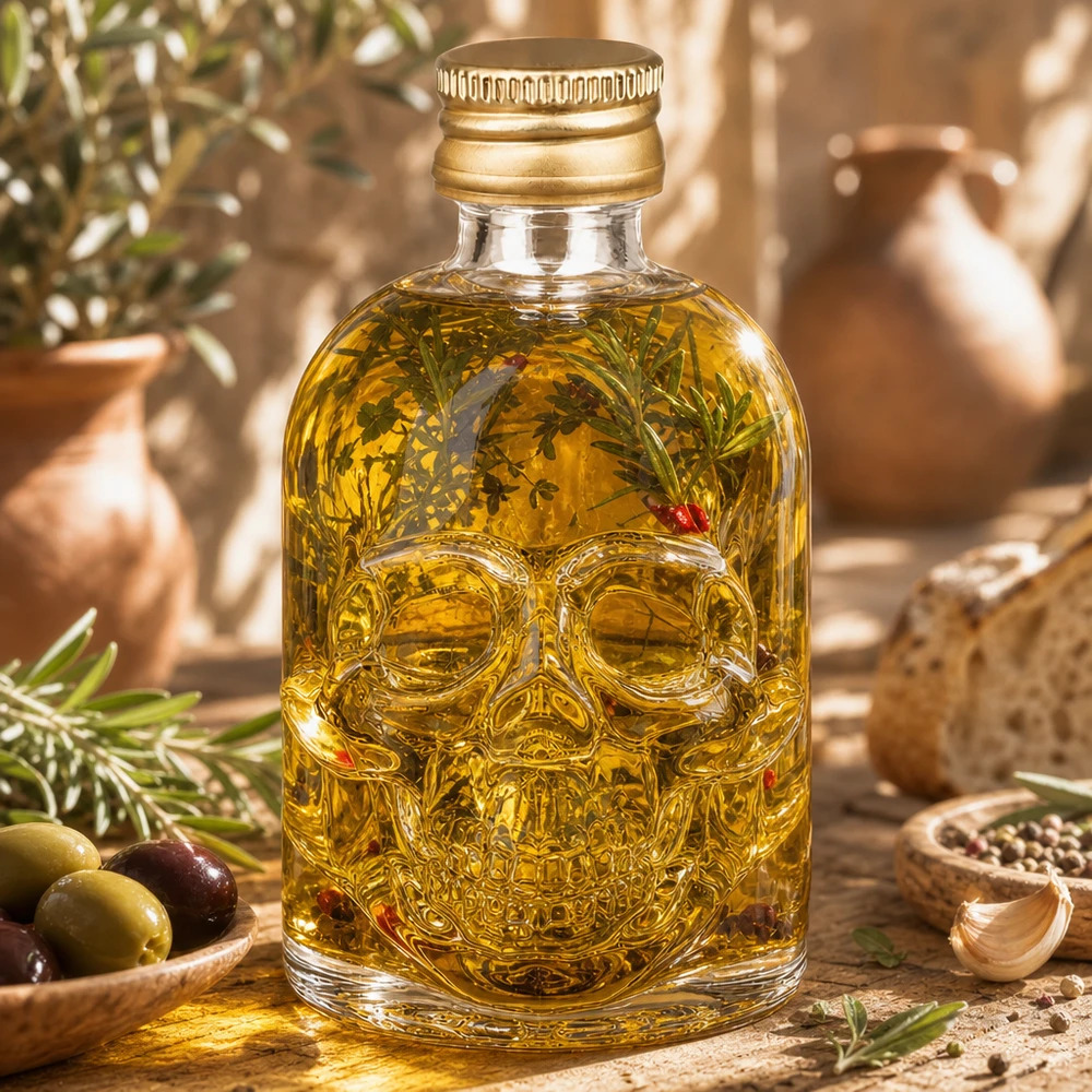 Bottiglia di vetro Hector 50ml riempita con olio alle erbe e decorazione al rosmarino in uno scenario di olio d'oliva mediterraneo
