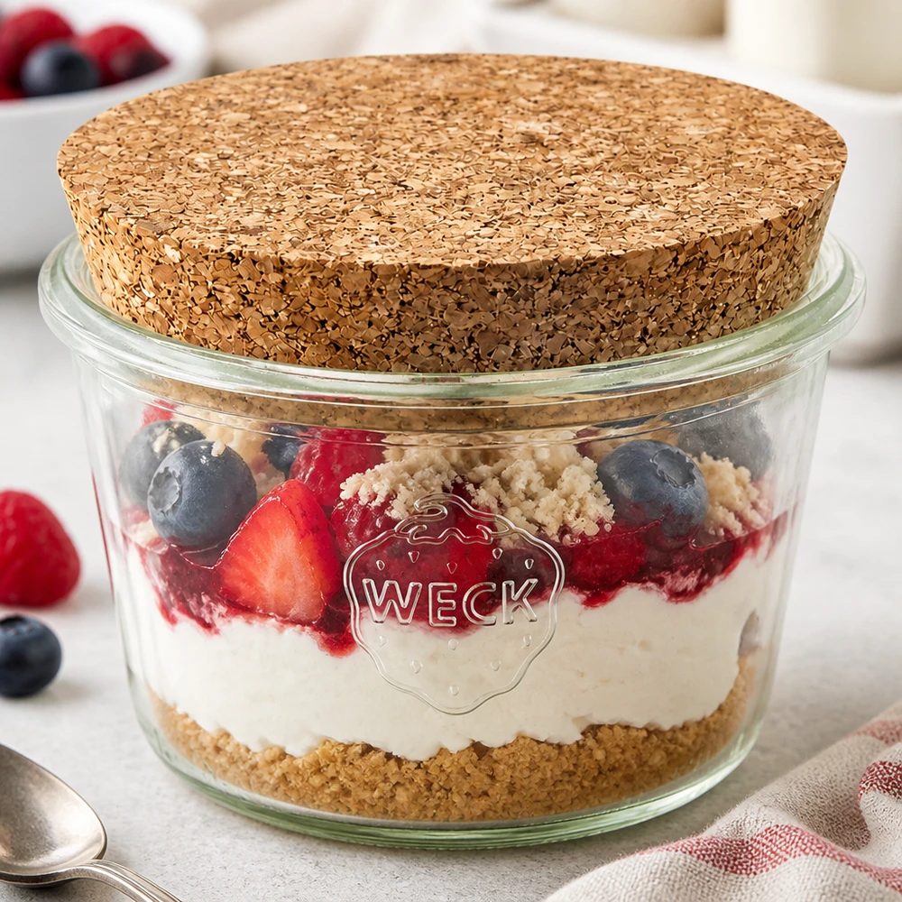 Bicchieri da 370 ml WECK RR100 con tappo in sughero naturale Bicchieri WECK da 370 ml RR100 con tappo in sughero riempiti come vasetto da dessert a strati con frutti di bosco, yogurt e zuccherini