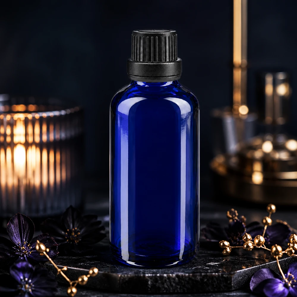 Flacone contagocce blu da 50 ml OV nero/2mm ApoGlas Flacone di vetro blu scuro da 50 ml con tappo nero scanalato, appoggiato su una pietra di ardesia con fiori viola e alla luce delle candele
