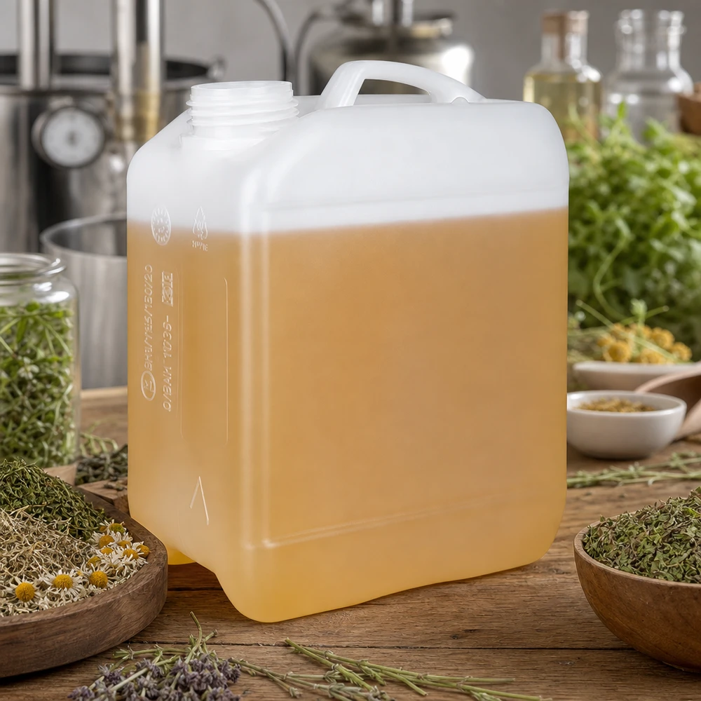 Tanica 2,5 litri senza tappo Tanica semitrasparente da 2,5 litri con contenuto liquido color oro circondato da erbe aromatiche
