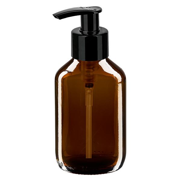 Flacone per medicinali da 150 ml marrone, con pompa dispenser nera ApoGl