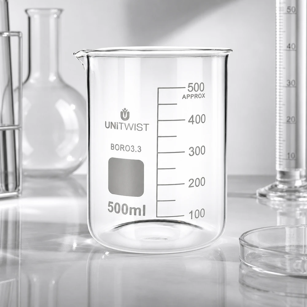 Bicchiere da laboratorio UNiTWIST da 500 ml in BORO3.3, di forma bassa, circondato da matracci da laboratorio e provette graduate