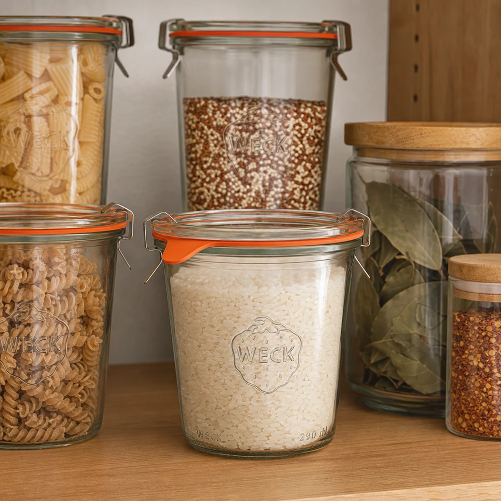 Bicchieri WECK da 290 ml RR80 per conservare riso, pasta e cereali in una cucina organizzata.