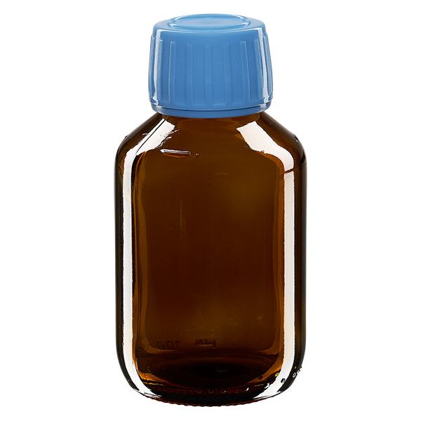 Flacone per medicinali da 100 ml marrone, tappo blu antimanomissione Flacone per medicinali da 100 ml marrone, tappo blu antimanomissione