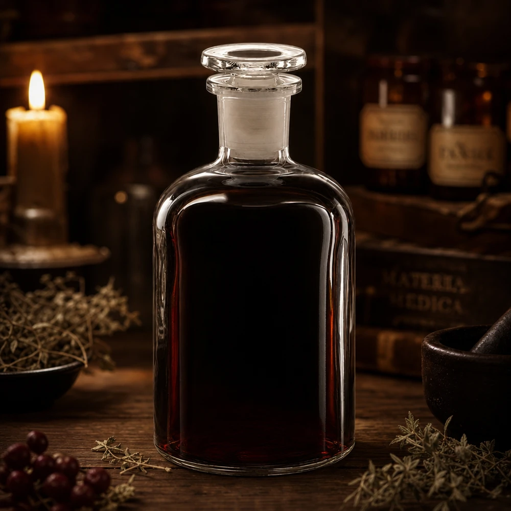 Fiaschetta da farmacia d'epoca da 250 ml in vetro trasparente con tappo in vetro, per tinture ed elisir