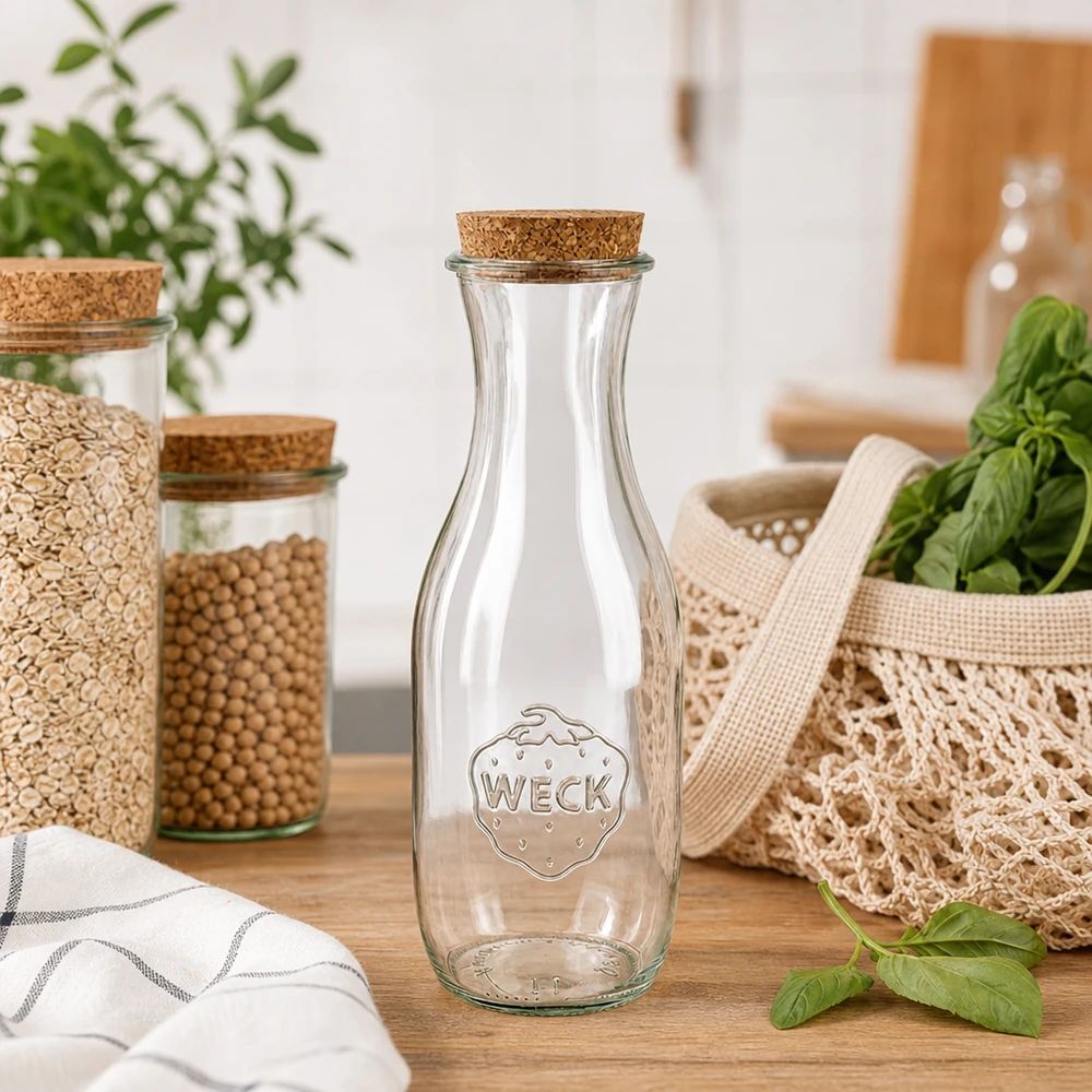 Bottiglia per succo di frutta da 1062 ml WECK RR60 con tappo in sughero naturale Bottiglia di succo WECK 1062ml RR60 con sughero naturale in cucina sostenibile a rifiuti zero accanto a barattoli e sacchi di juta