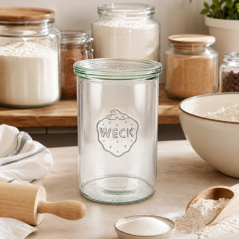 Bicchieri da 1000ml con coperchio in vetro WECK RR100 WECK tumbler 1000ml RR100 vuoto in cucina luminoso tra barattoli di stoccaggio con farina e utensili per la cottura al forno