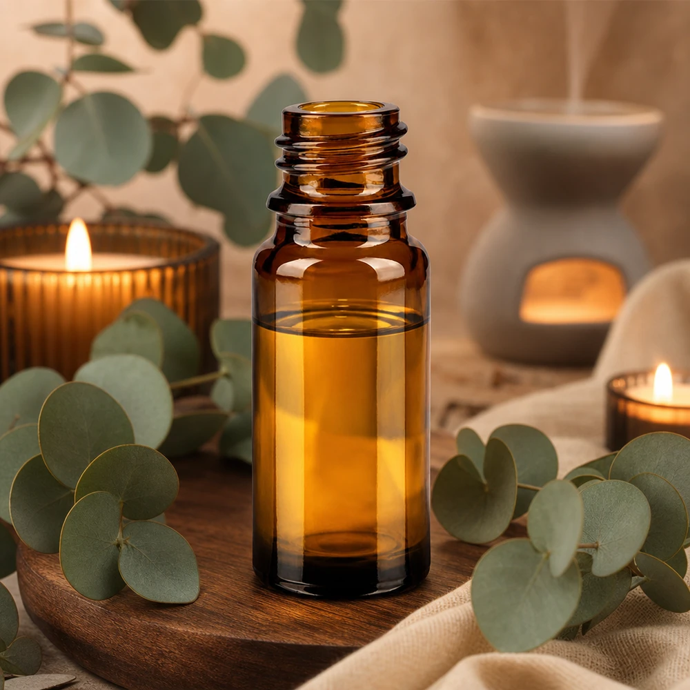 Flacone da 10 ml in vetro marrone ApoGlas per l'aromaterapia con eucalipto e candele in un'atmosfera naturale da spa
