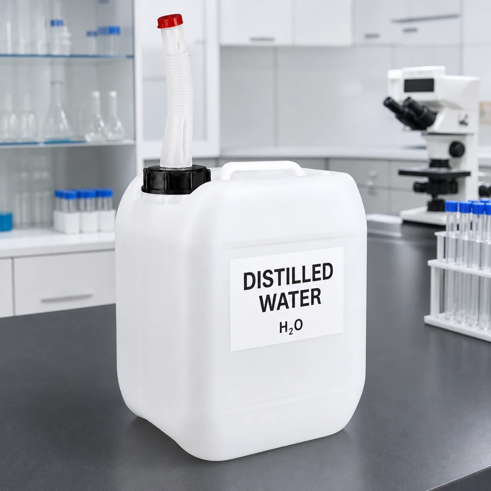 Tanica da 5 litri con tubo di uscita flessibile Tanica da laboratorio da 5 litri con acqua distillata, etichetta e beccuccio flessibile