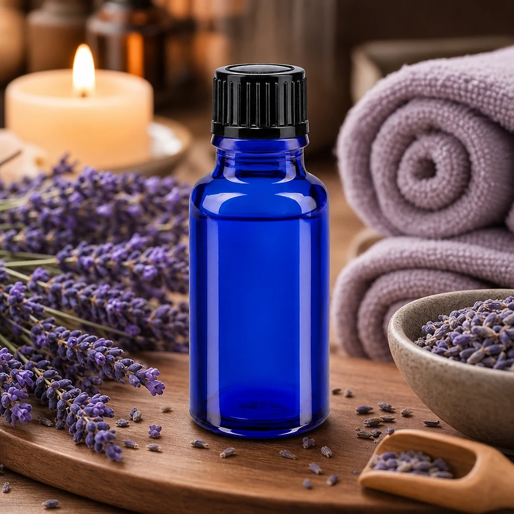 Flacone di vetro blu da 20 ml con tappo contagocce nero per oli essenziali di lavanda
