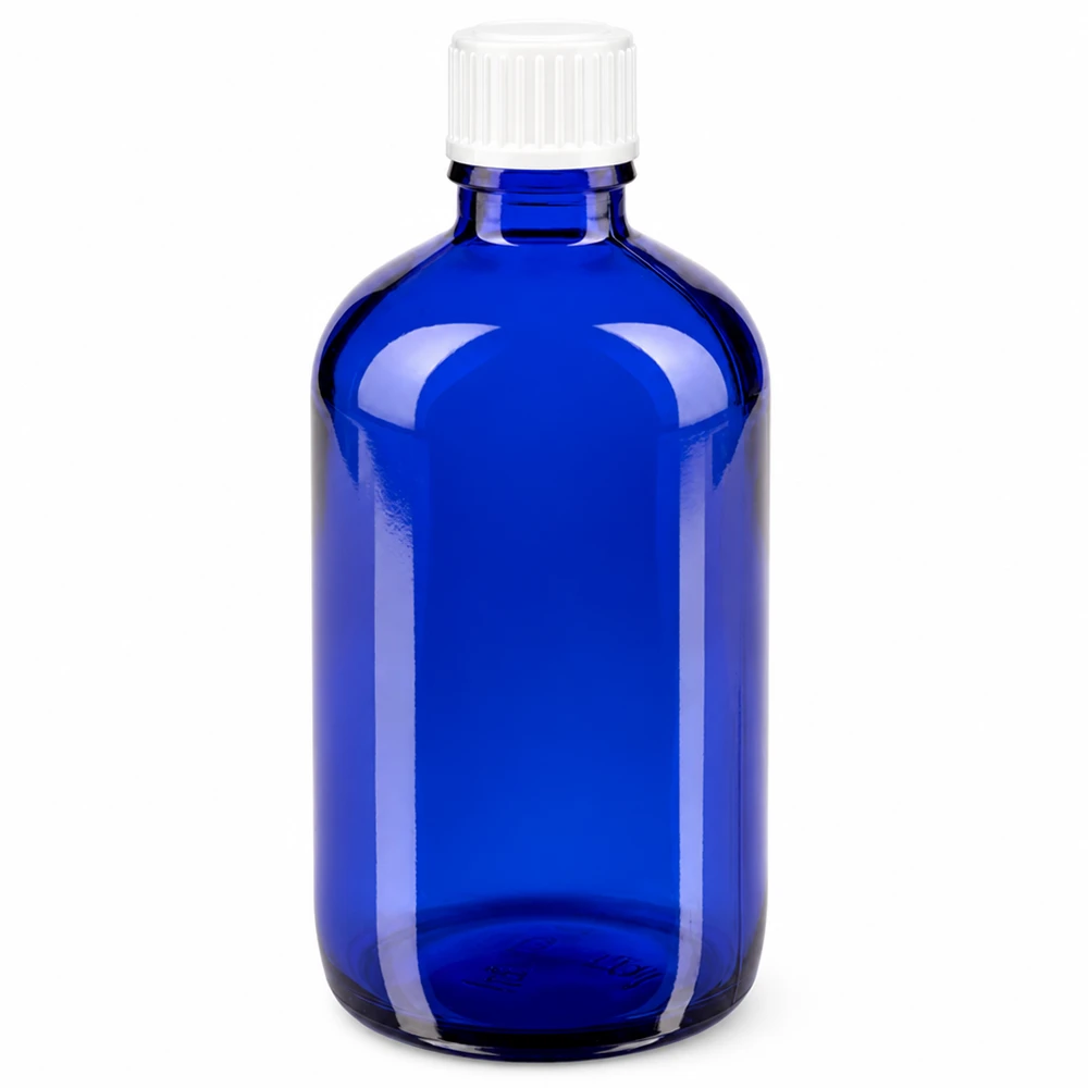 Bottiglia 100ml blu (Glo.) GR STD bianco/3mm ApoGlas Flacone da farmacia in vetro blu da 100 ml con tappo a vite bianco standard da 3 mm