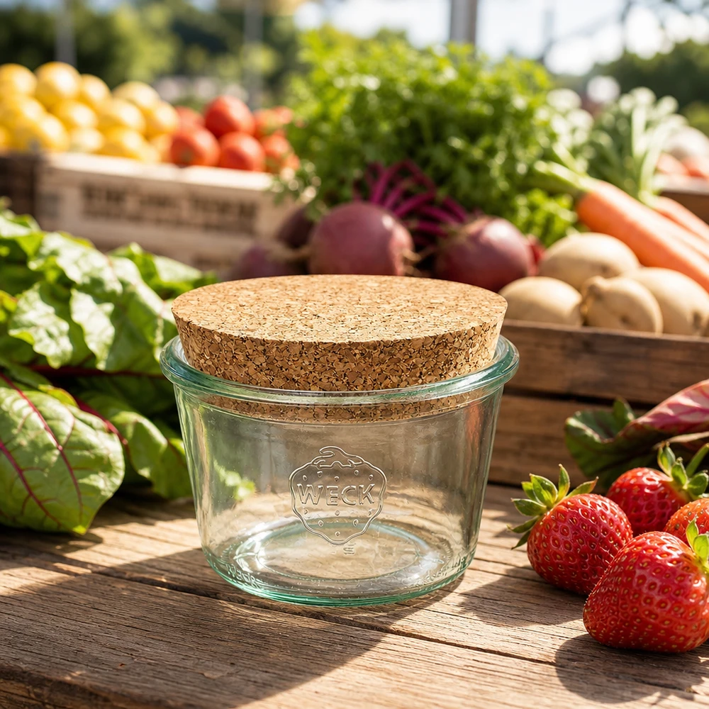 Bicchieri da 370 ml WECK RR100 con tappo in sughero naturale Bicchieri WECK 370ml RR100 con coperchio in sughero su un tavolo di legno tra fragole e verdure fresche del mercato