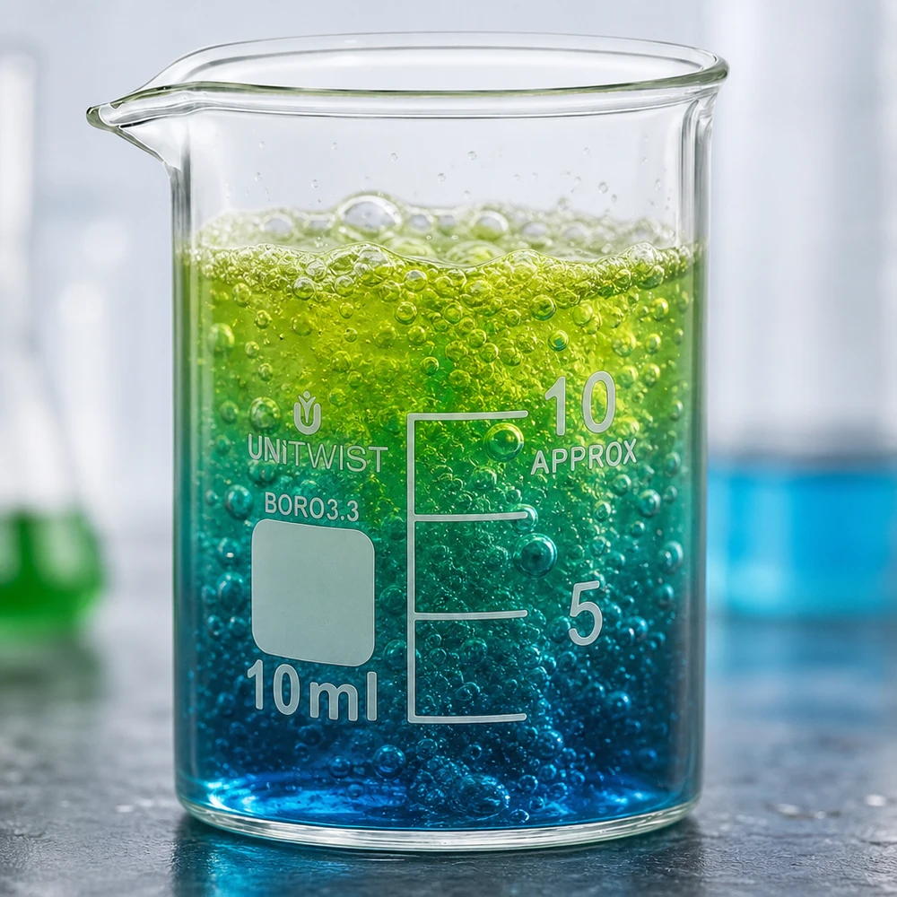 Provetta da 10 ml a forma bassa contenente un liquido blu-verde ricco di bolle, in vetro borosilicato 3.3