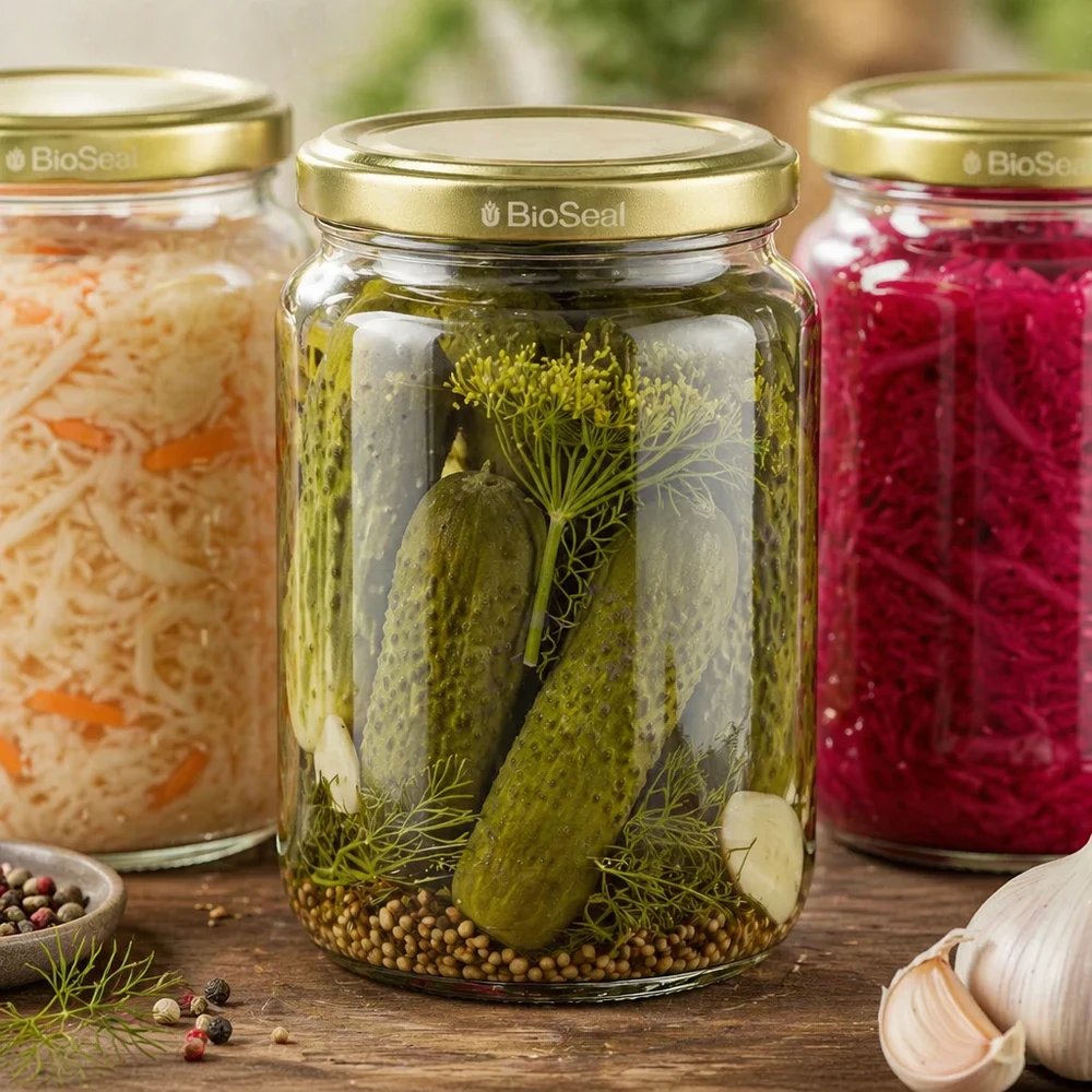 Vasetto per miele da 1000 g con capsula dorata BioSeal UNiTWIST Il set di vasetti BioSeal da 1000 g con cetriolini sottaceto, crauti e marmellata mostra una varietà di applicazioni di conservazione