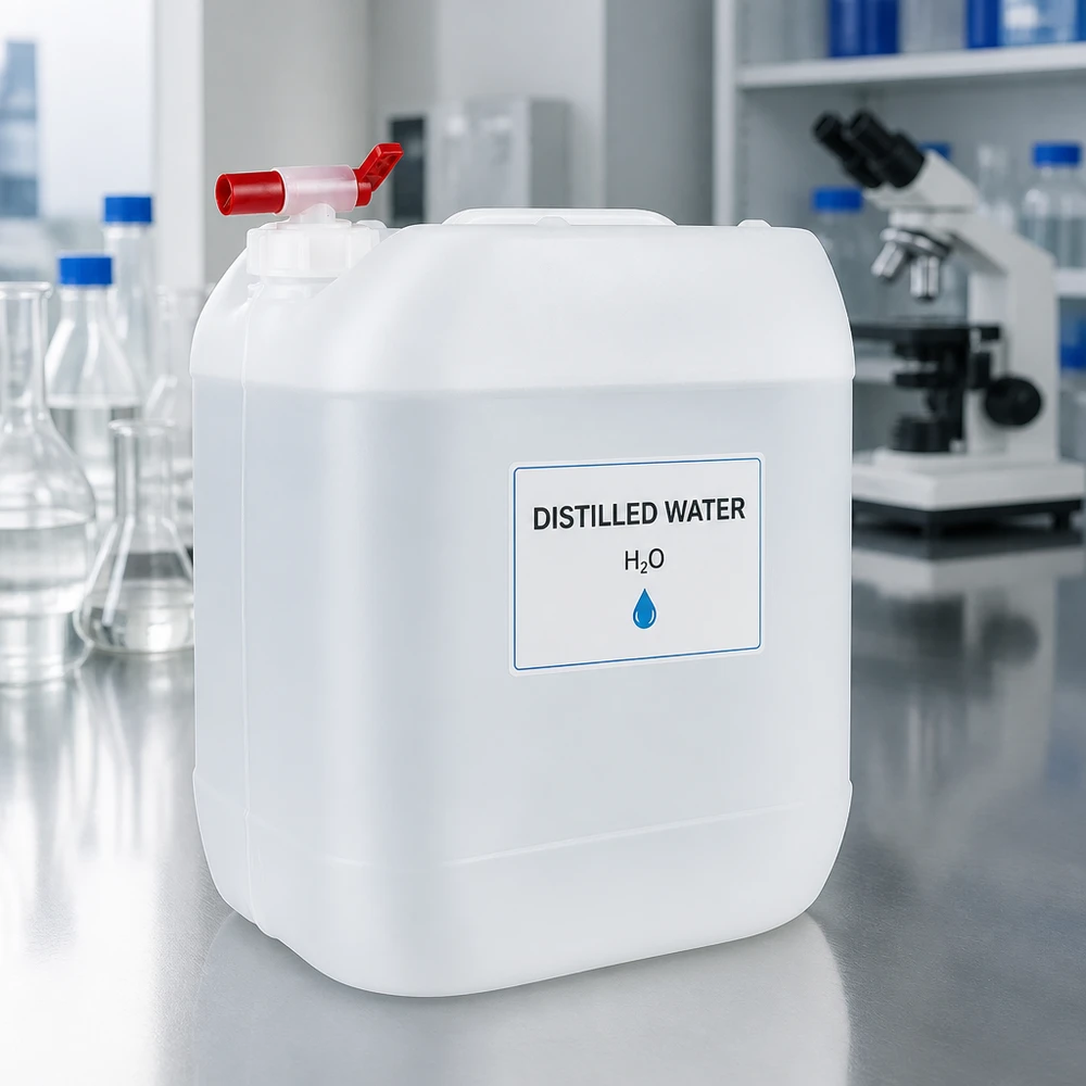 Tanica da laboratorio da 20 litri con rubinetto rosso, riempita con acqua distillata H₂O