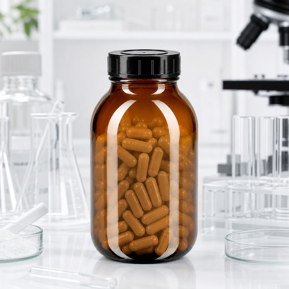 Bottiglia a collo largo da 500ml in vetro ambrato con tappo a vite Bottiglia in vetro ambrato da 500 ml con grande apertura e tappo a vite per applicazioni farmaceutiche