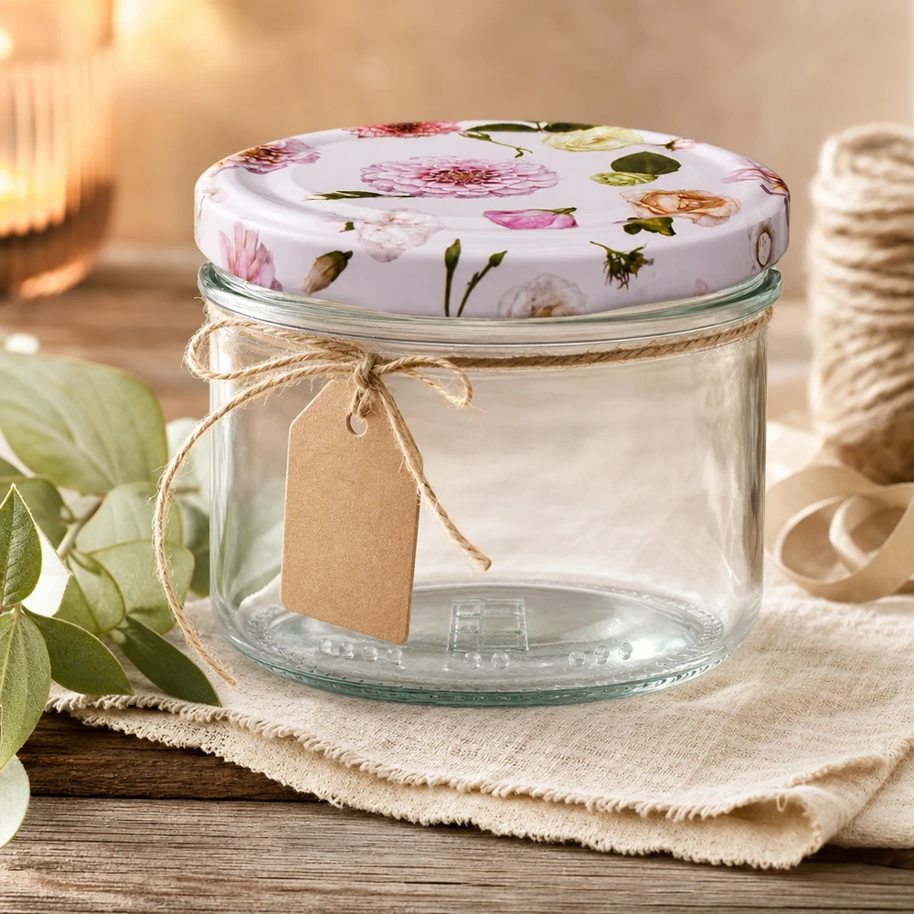 Barattolo cilindrico da 230 ml + coperchio BasicSeal rosa fiore Vaso da conserva vuoto da 230 ml con coperchio a fiore e targhetta in carta kraft - vaso decorativo su base di legno