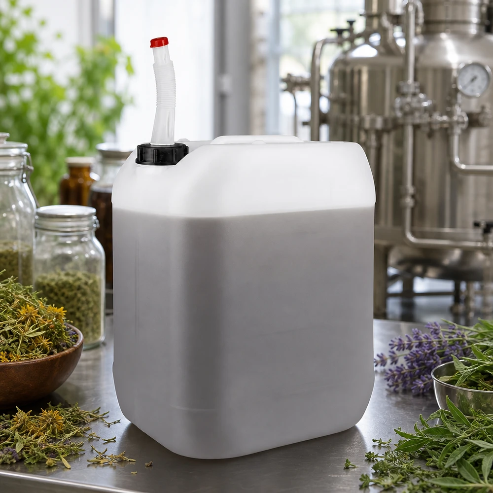 Robusto contenitore in plastica da 20 litri con tubo flessibile, accanto a erbe aromatiche fresche e a un alambicco
