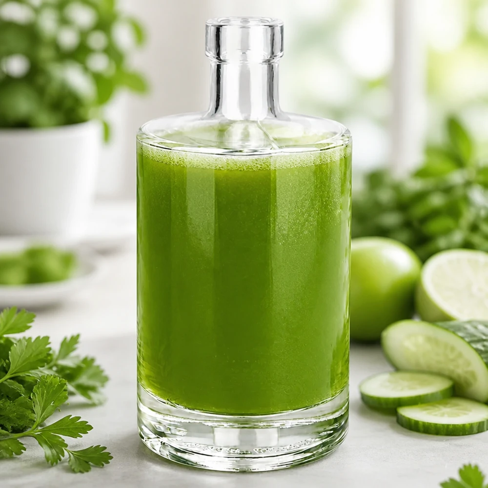 Bottiglia in vetro da 500 ml Marie senza tappo UNiTWIST® Bottiglia in vetro da 500 ml Marie riempita di frullato verde circondato da cetrioli ed erbe per una bevanda sana e stimolante