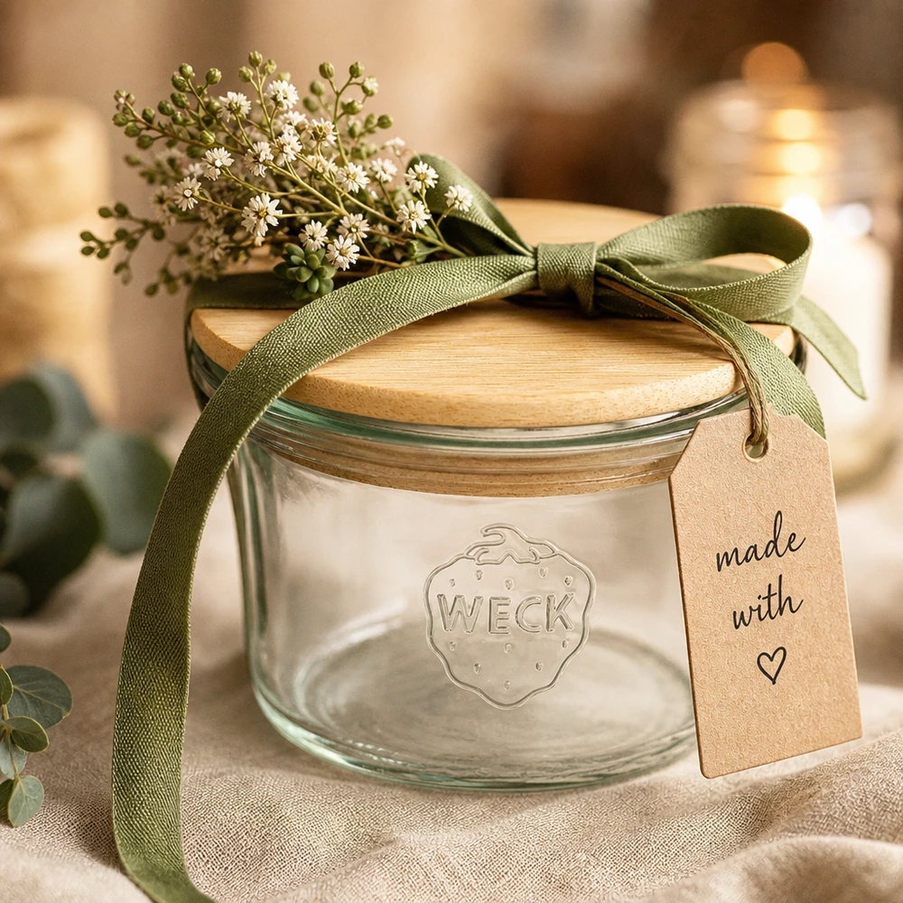 WECK mini mason jar 35ml con coperchio in legno come idea regalo con nastro verde a fiori e targhetta Made with Love
