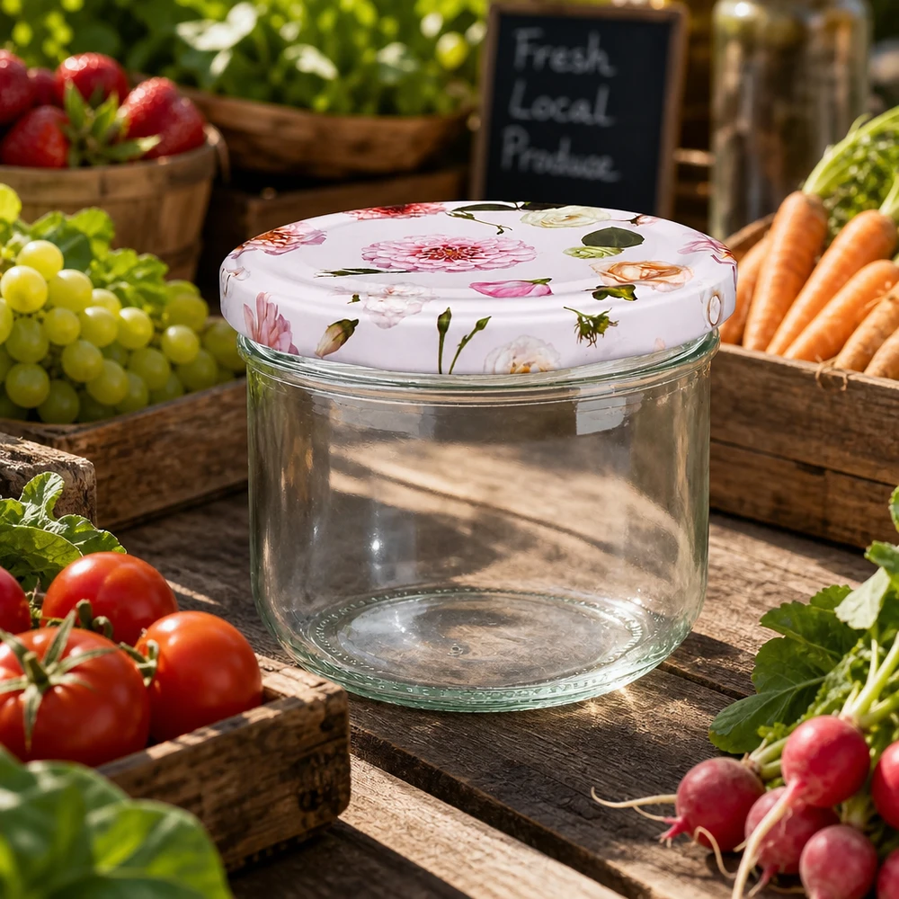 Bicchieri da 260 ml + coperchio BasicSeal rosa fiore UNiTWIST Vaso mason vuoto da 260 ml con coperchio a fiore rosa tra le verdure fresche - vaso da conserva versatile per un'atmosfera da bancarella.