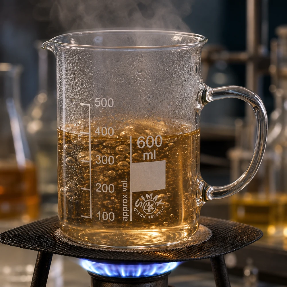 Bicchiere da 600 ml in vetro borosilicato, con manico Bicchiere da laboratorio da 600 ml con manico, posto su un bruciatore a gas, contenente un liquido giallo dorato in ebollizione con formazione di vapore