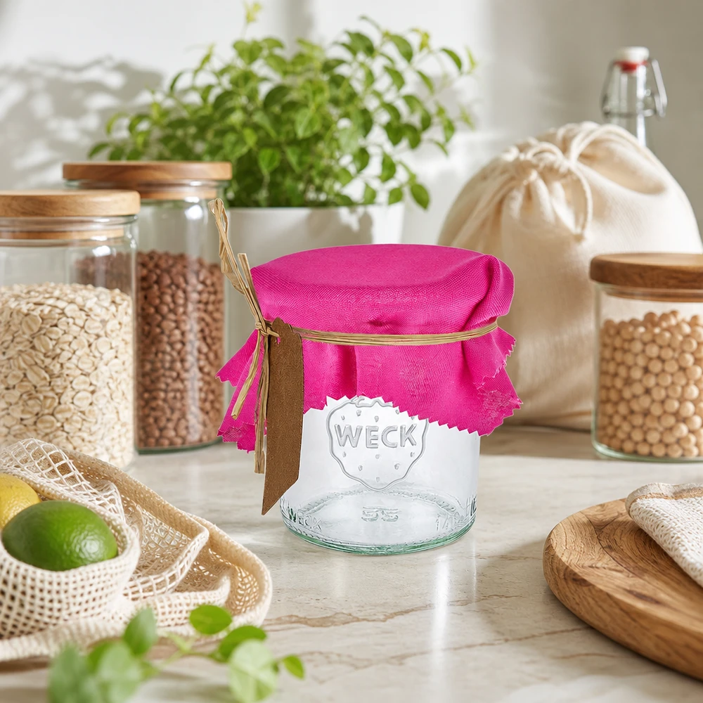 Centrino in tessuto rosa 12cm quadrato su barattolo in cucina sostenibile a rifiuti zero con barattoli di stoccaggio