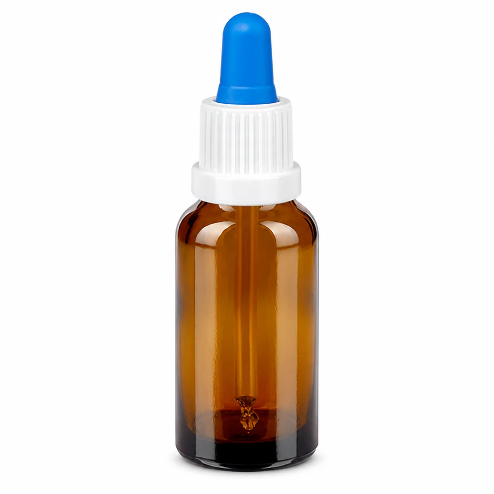 Flacone per pipette da 20 ml bianco/blu OV BrownLine UT18/20 Flacone da farmacia in vetro ambrato da 20 ml con coperchio bianco e tappo contagocce blu UT18/20