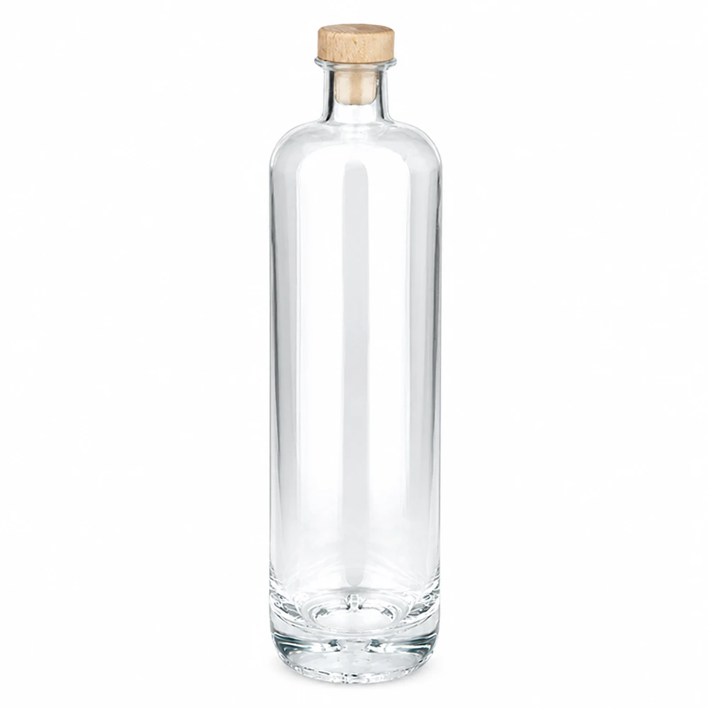 Bottiglia in vetro da 700 ml Ella con tappo in sughero con impugnatura in legno UNiTWIST® Bottiglia di vetro da 700 ml Ella con manico in legno e tappo in sughero UNiTWIST trasparente vuota Foto del prodotto su sfondo bianco