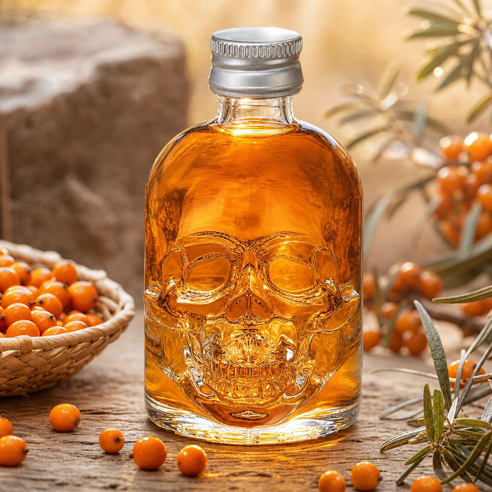 Bottiglia di vetro da 50 ml di Hector riempita con liquore di olivello spinoso tra bacche d'arancia ed elementi decorativi in un'atmosfera calda.