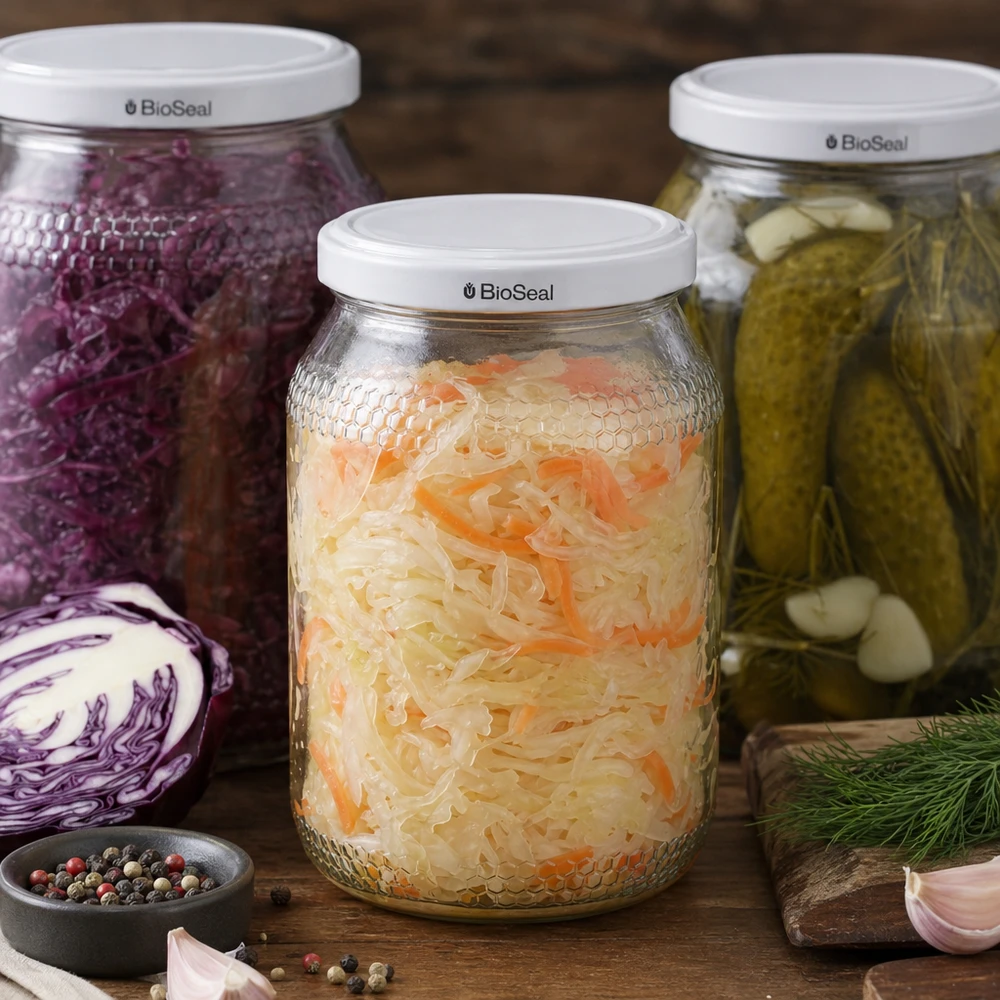 Vasetto per miele da 1260 g con capsula bianca BioSeal UNiTWIST Vaso di miele da 900 ml con coperchio BioSeal riempito di crauti fermentati insieme a cavolo rosso sottaceto e spezie