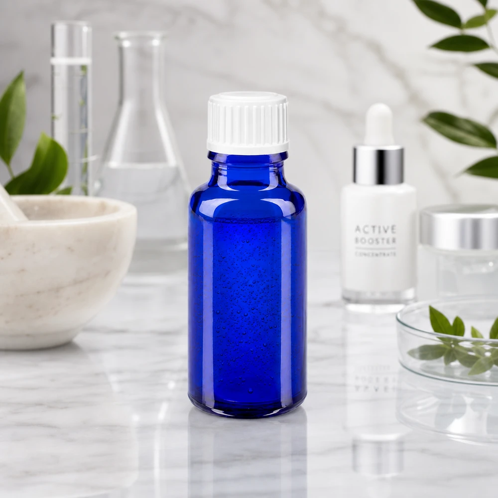Flacone da 20ml blu (Glo.) GR STD bianco/3mm ApoGlas Piccolo flacone da farmacia blu da 20 ml in vetro borosilicato di alta qualità con tappo bianco