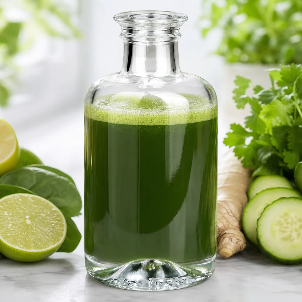 Bottiglia in vetro di Sofia da 100 ml riempita con succo di verdura verde insieme a cetriolo, lime, zenzero ed erbe aromatiche su sfondo bianco