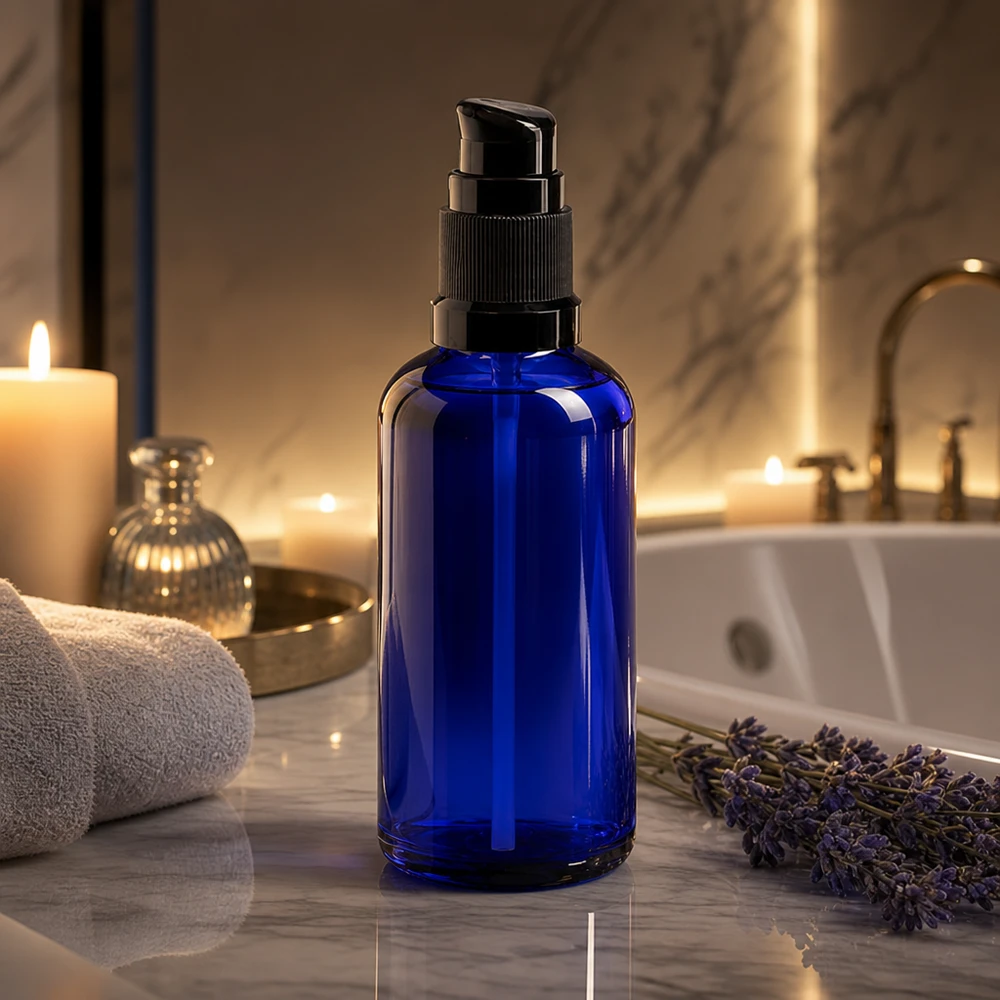 Flacone a pompa blu da 50 ml STD nero ApoGlas Piccolo flacone da farmacia in vetro blu da 50 ml con tappo a pompa nero in bagno