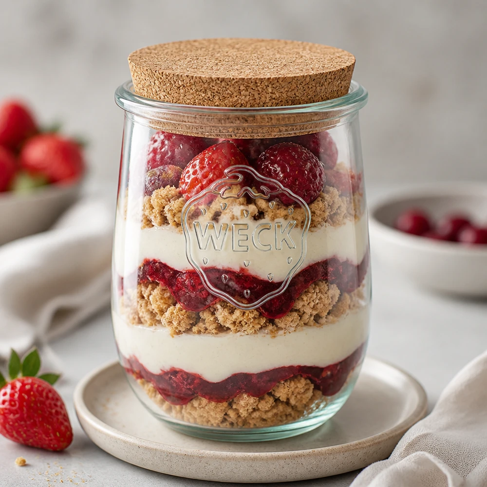 Vaso per tulipani da 1062 ml WECK RR100 con sughero naturale WECK vaso a tulipano RR100 1062ml come vaso da dessert a strati con fragole, panna e briciole di biscotto disposte in modo decorativo