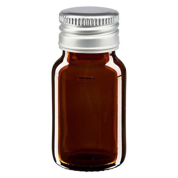 Flacone per medicinali da 30 ml marrone, con tappo in alluminio argentato A Flacone per medicinali da 30 ml marrone, con tappo in alluminio argentato A