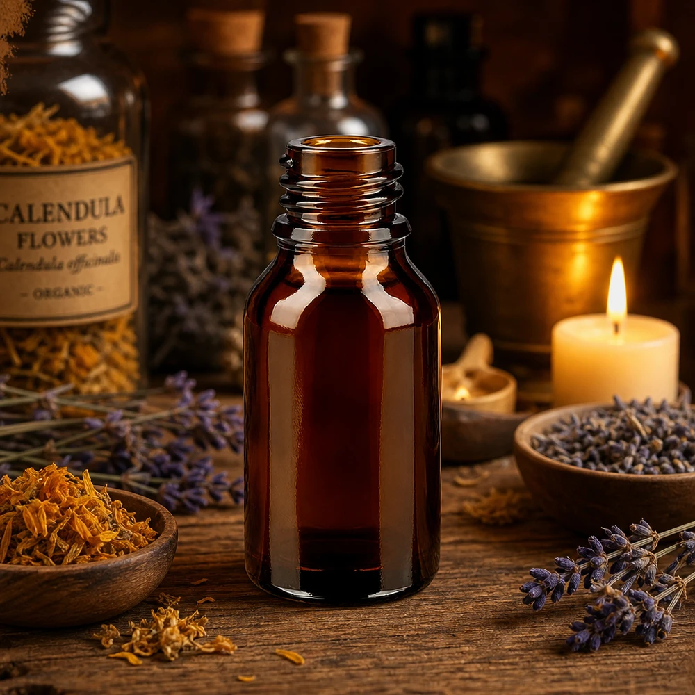 Flacone farmaceutico ambrato da 30 ml ad alto stampo ApoGlas Bottiglia da farmacia marrone da 30 ml a forma alta ApoGlas con fiori di calendula candela da mortaio per aromaterapia