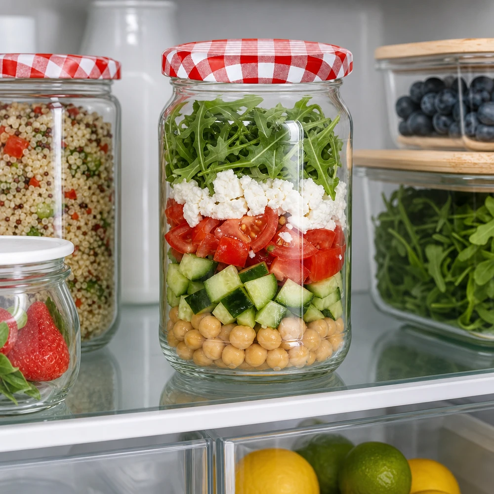 Barattolo rotondo da 1062 ml + coperchio BasicSeal rosso/bianco UN.. 1062ml Rundglas mit rot-weiß kariertem Deckel als Meal-Prep Salatglas im Kühlschrank mit Schichtsalat und Kichererbsen