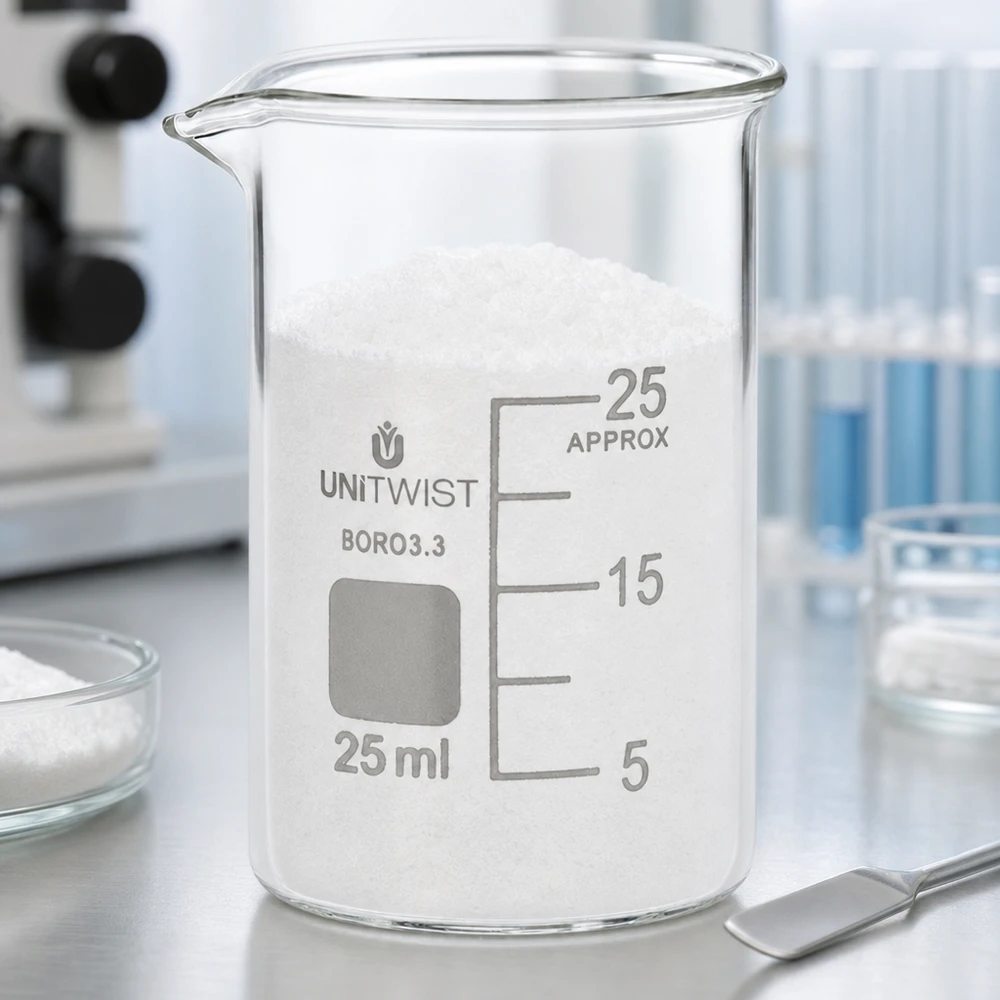 Bicchiere 25ml in borosilicato, a basso stampo UNiTWIST Bicchiere da laboratorio UNiTWIST da 25 ml, di forma bassa, riempito di polvere bianca su un tavolo da laboratorio in acciaio inossidabile