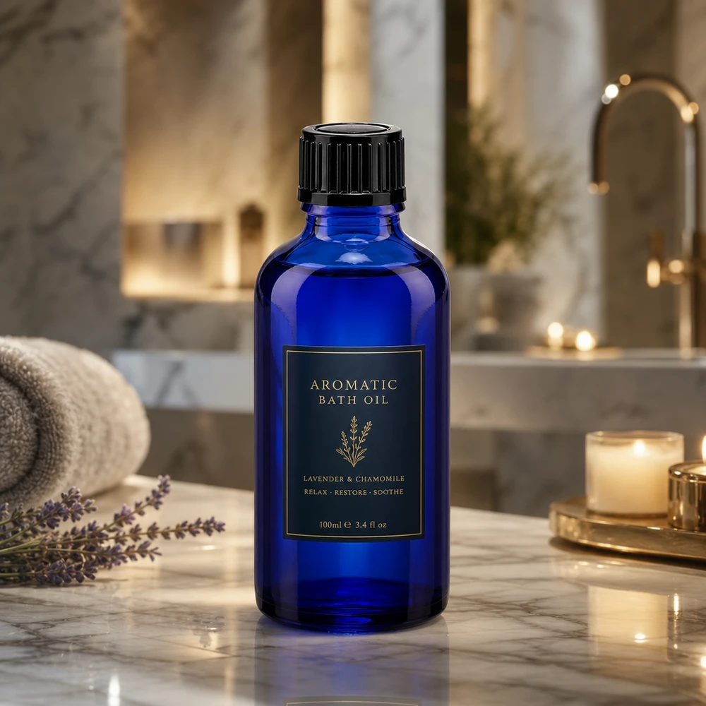 Bottiglia da farmacia blu da 50ml. SV STD nero/11mm ApoGlas Fiaschetta da farmacia in vetro blu da 50 ml con tappo nero accanto a piante di lavanda su marmo