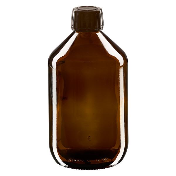Flacone per medicinali da 500 ml marrone, tappo marrone con chiusura antimanomissione Flacone per medicinali da 500 ml marrone, tappo marrone con chiusura antimanomissione