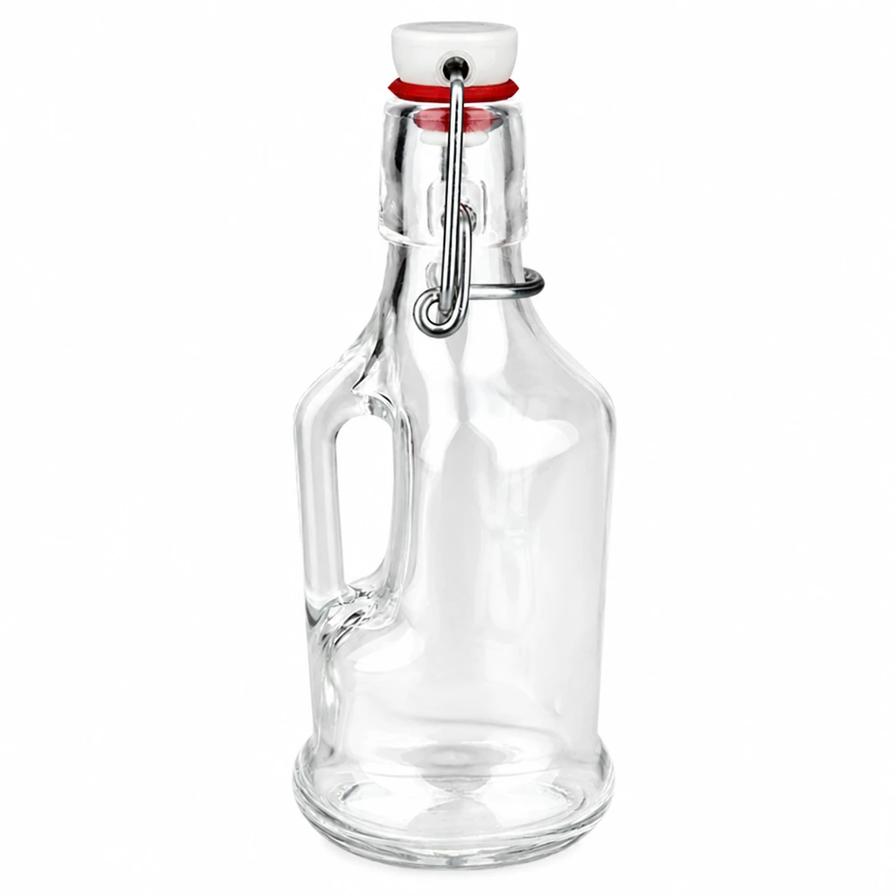 Bottiglia in vetro da 200 ml Bertha e tappo a clip in porcellana UNiTWIST® Bottiglia in vetro da 200 ml Bertha con manico e tappo oscillante in porcellana bianca di UNiTW su sfondo bianco