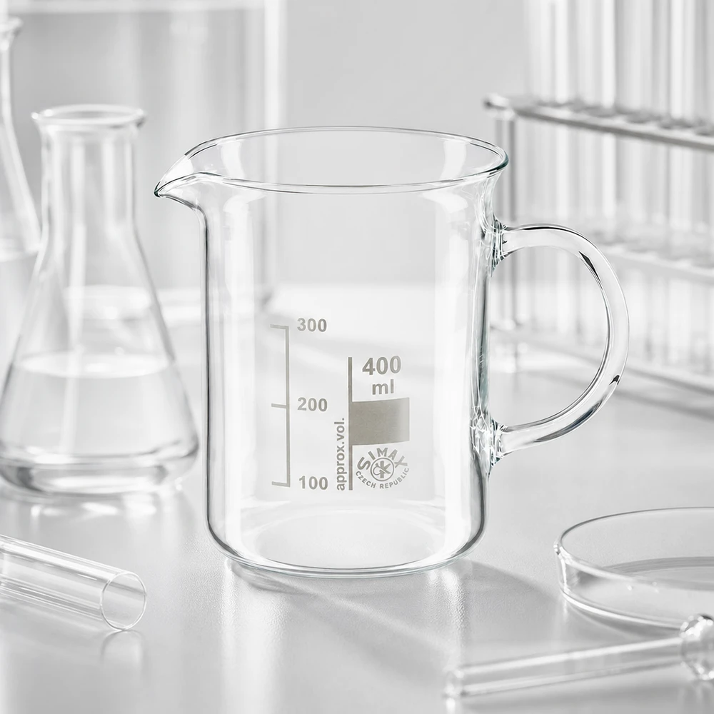 Bicchiere di vetro vuoto da 400 ml con manico, in vetro borosilicato trasparente, per uso di laboratorio