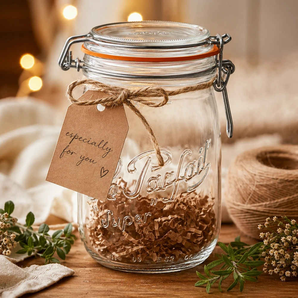 Barattolo Le Parfait da 1000 ml con tappo oscillante e super goffratura, decorato con etichetta regalo su tavolo in legno